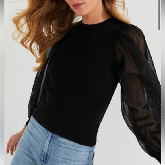 Tuckernuck Betsy Knit Blouse Black XXL Sheer Balloon Sleeve Top Mixed Media - Picture 3 of 7